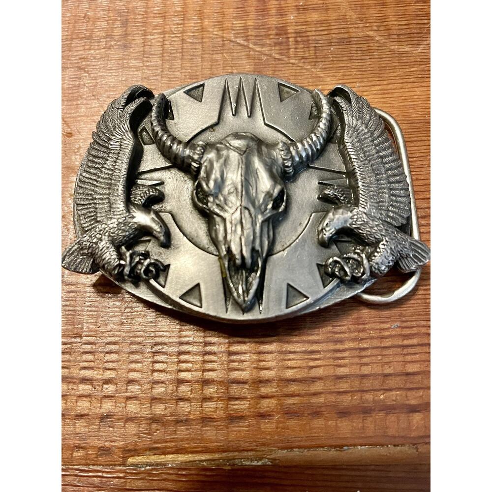 Vintage 1994 Siskiyou Buckle Buffalo Skull & Eagles Belt Buckle Pewter USA